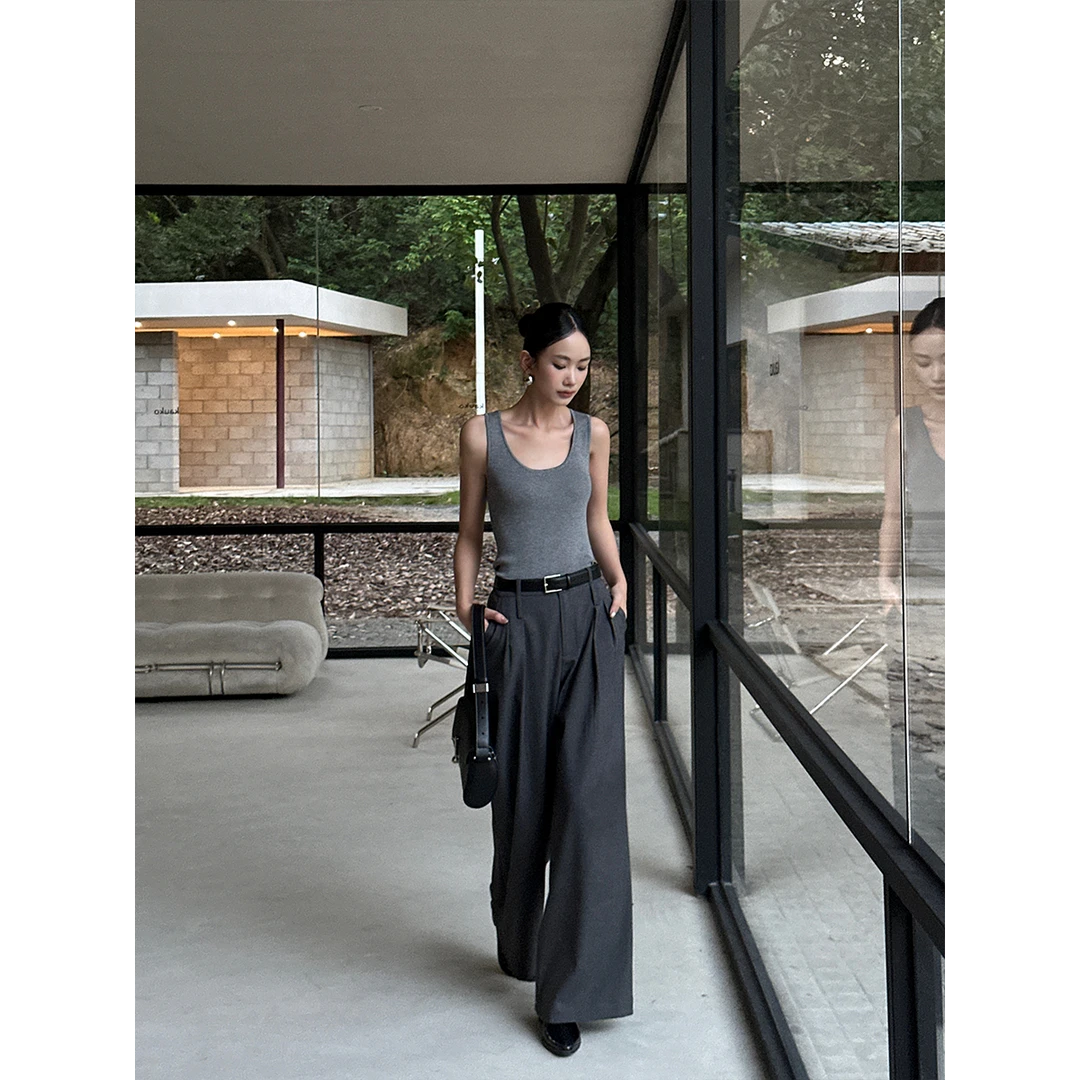 VENUIE深灰色休闲阔腿裤女时尚宽松气质高腰垂感西装长裤07029