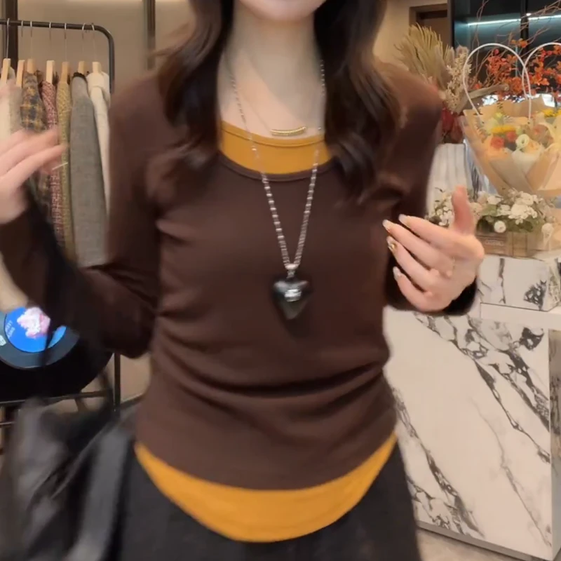 新款小众炸街高级感女装潮流休闲长袖假两件打底T恤LK2507121