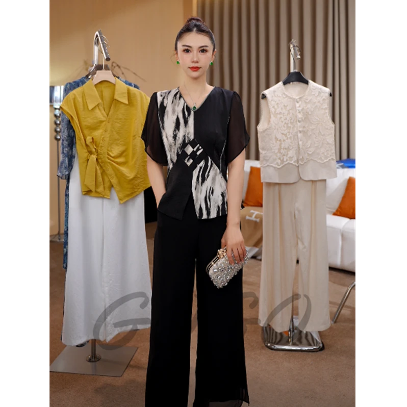 G6319时尚气质阔太太上衣裤子两件套2025夏季新款显瘦套装女