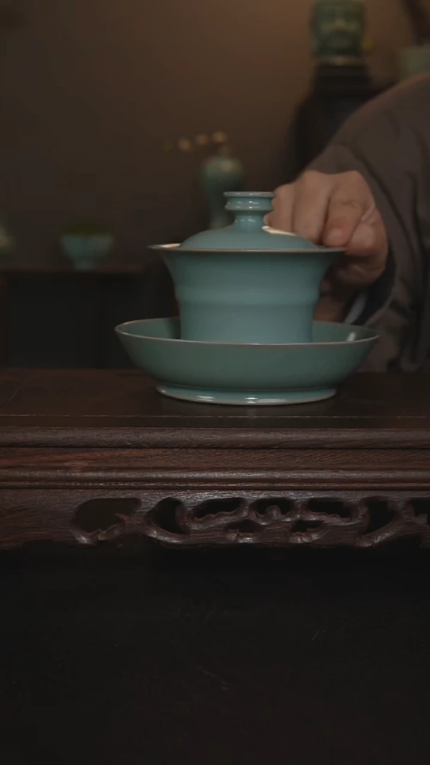 摆件瓷仿古釉手工鼠纹洗+盖碗