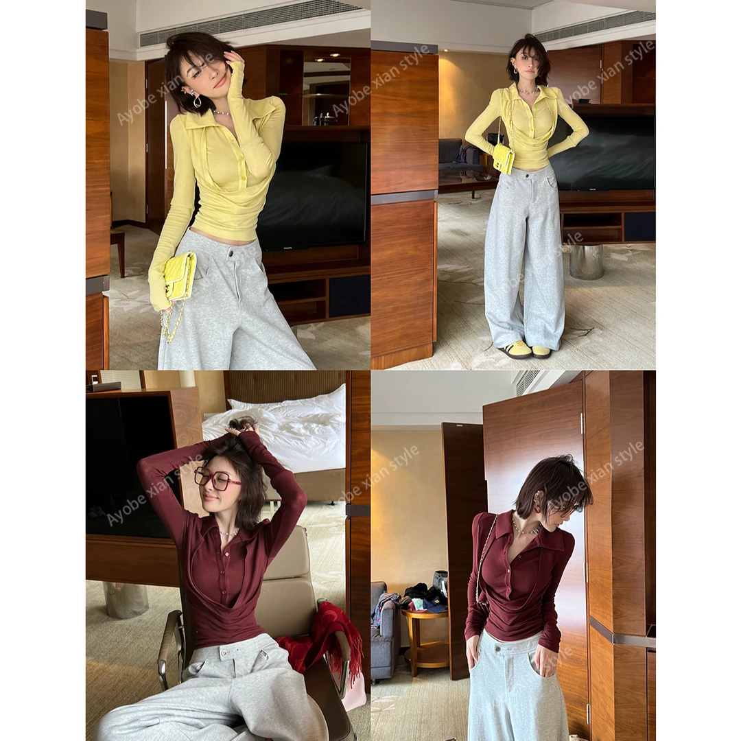 AYOBE原创设计师款/秋日原野  小众荡领假两件褶皱上衣辣妹显瘦