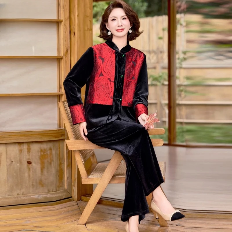 新中式妈妈秋装丝绒套装2025新款中年女士气质国风小衫时尚两件套