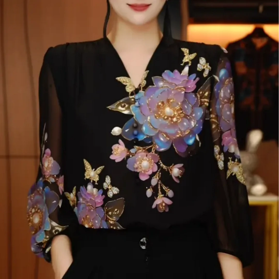 新款琉璃双皱丝洋气时尚百搭休闲气质女士印花小衫显瘦