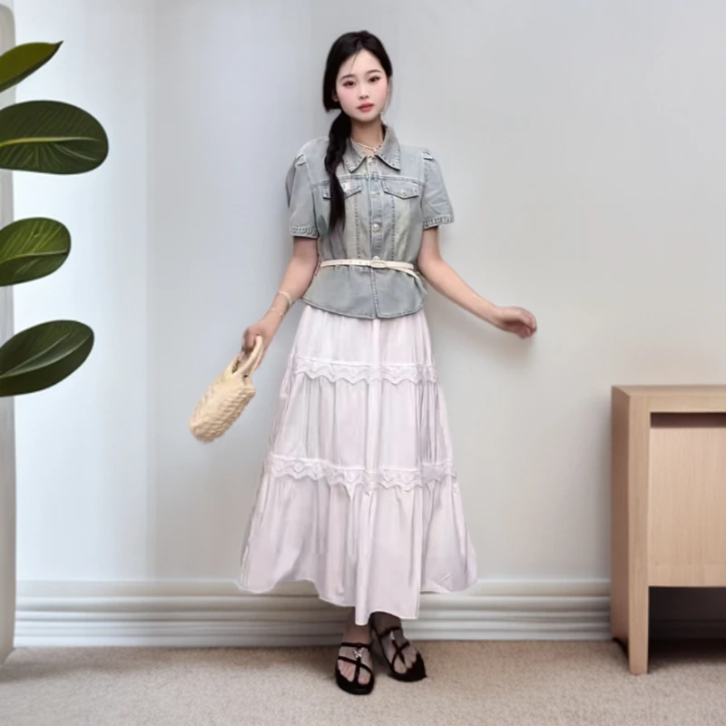 2025夏季新款小香风韩版时尚牛仔外套+腰带+蕾丝半身裙三件套#A22