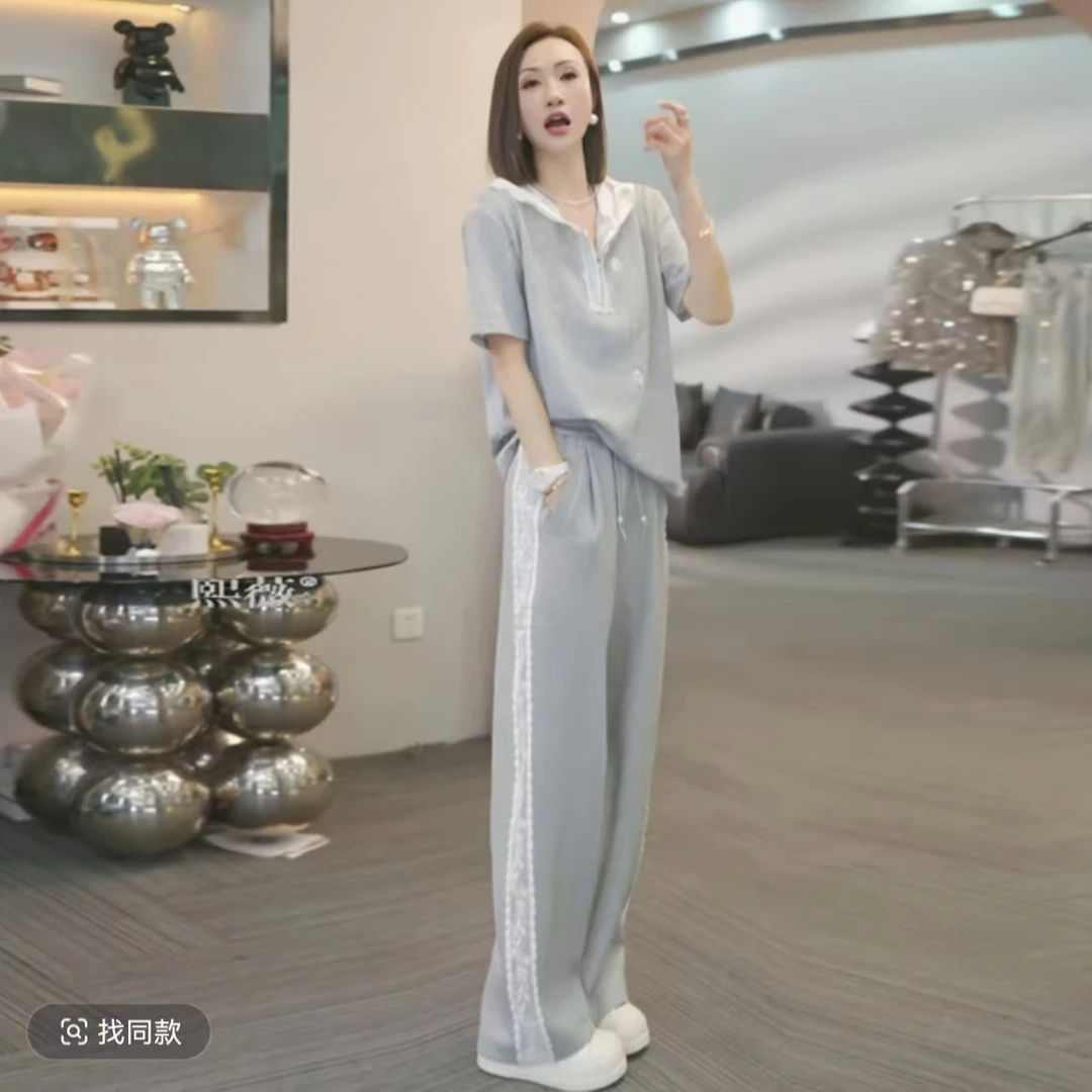 欧货休闲运动套装女夏季2025新款时尚洋气高级感连帽短袖两件套潮