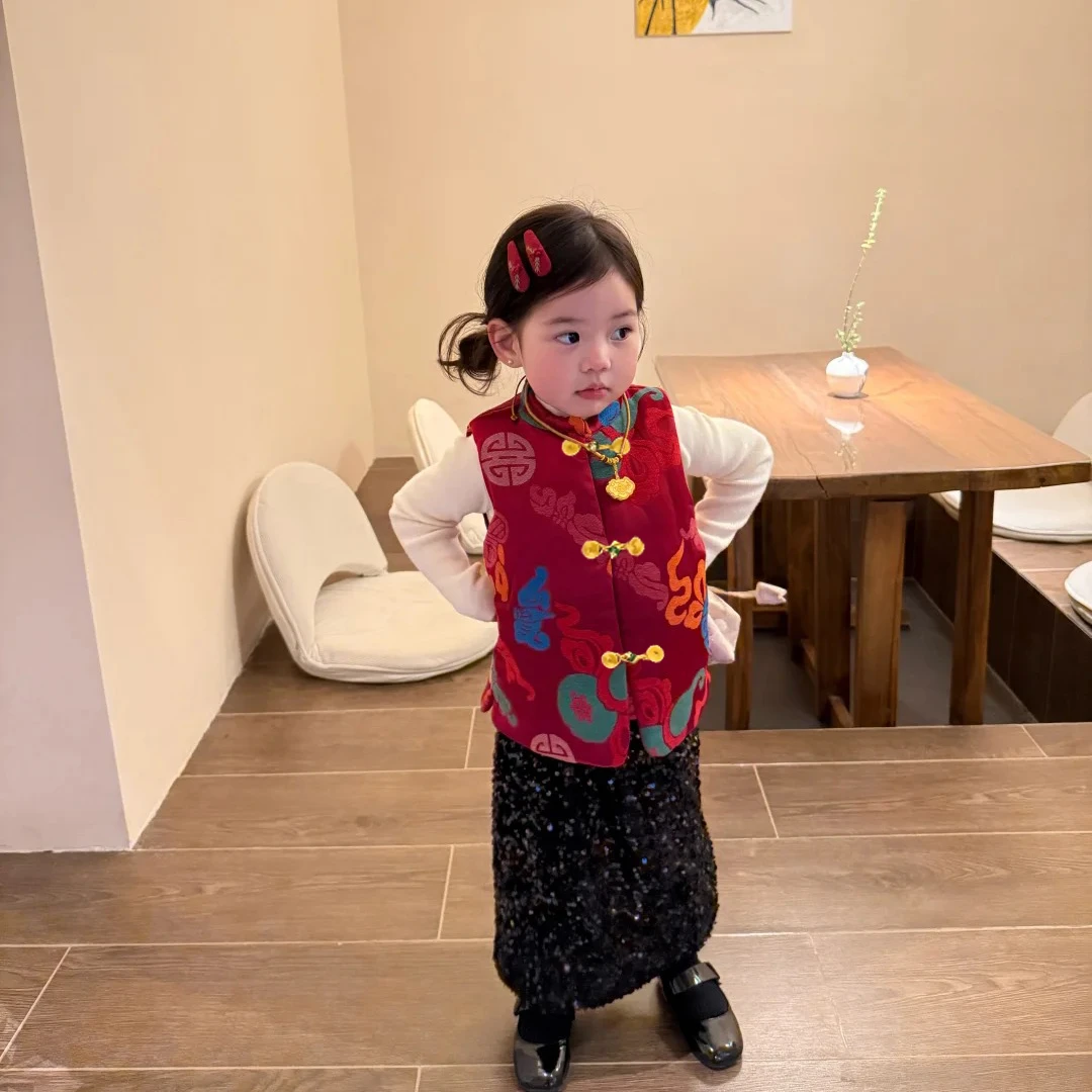 壹妈童装女童国风长款红色加厚马甲套装秋冬季儿童上衣黑色半裙