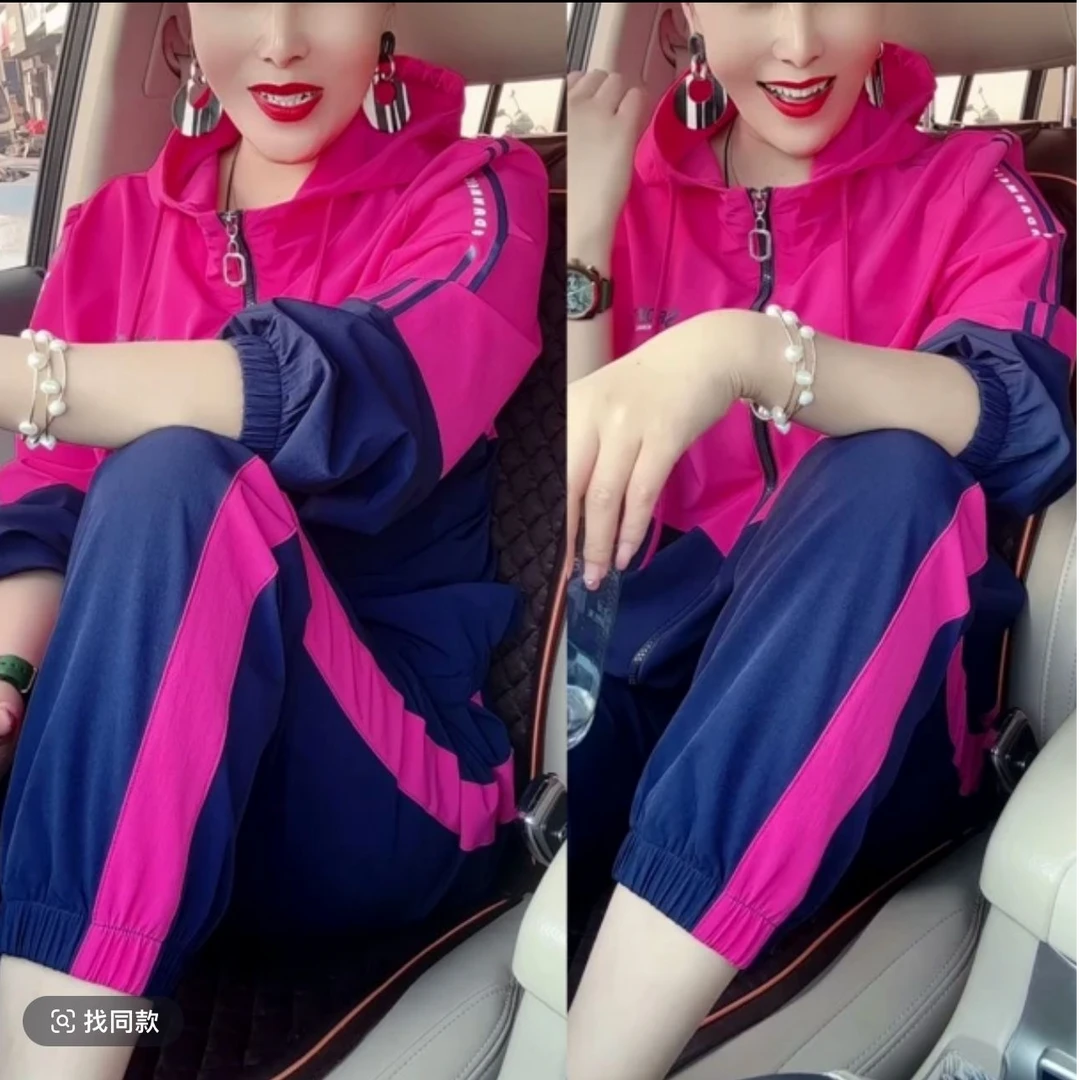 拼色新款运动套装连帽休闲数码印花速干跑步气质减龄套装两件套