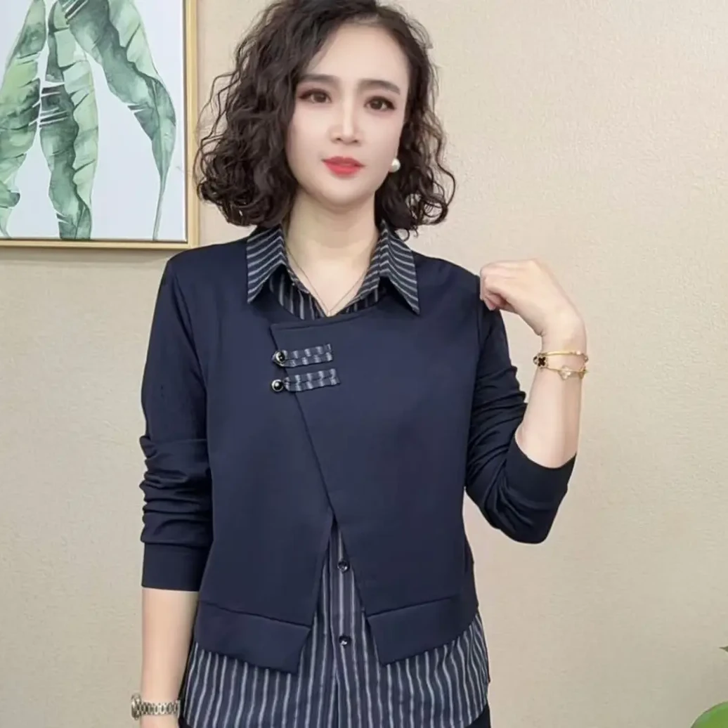 气质翻领女装时尚套装假两件早秋休闲风拼接显瘦洋气长袖#6568