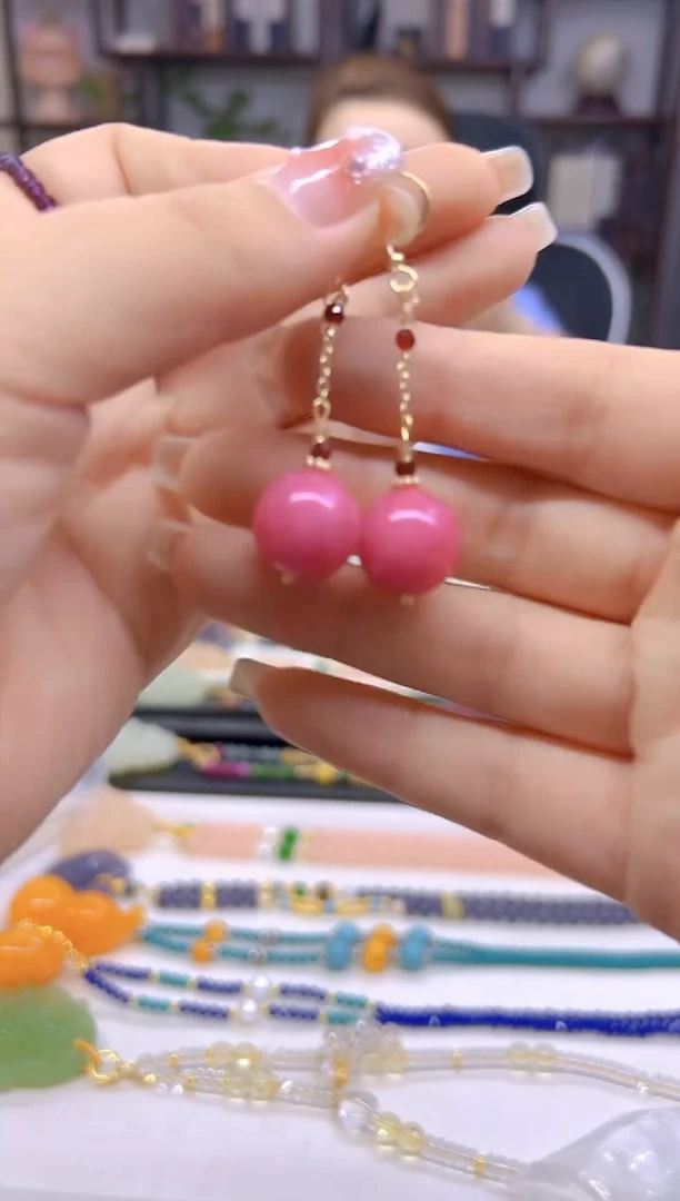 菱锰矿（红纹石）14K金镶嵌耳饰DIY款E613