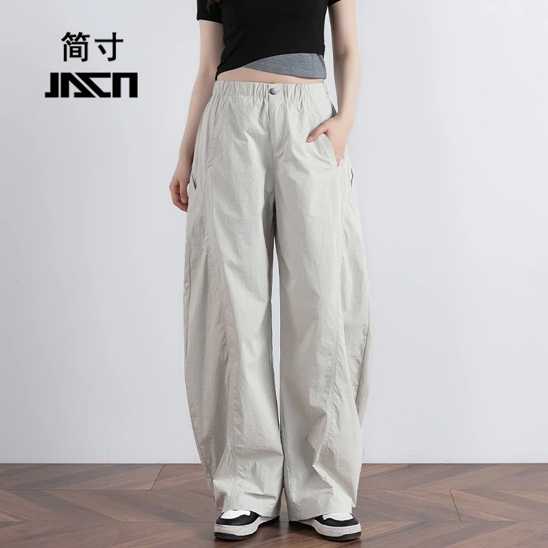 高级薄款拼接设计工装裤女休闲速干运动裤洋气百搭宽松长裤弯刀裤