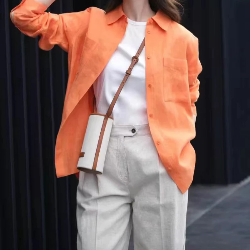 宝丫轻奢  女式时尚百搭宽松翻领口袋长袖衬衫上衣B9022