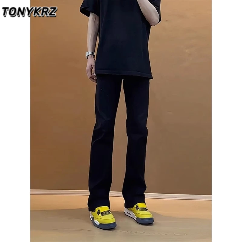 TONYKRZ复古弯刀黑色牛仔裤男美式cleanfit修身显瘦直筒微喇长裤