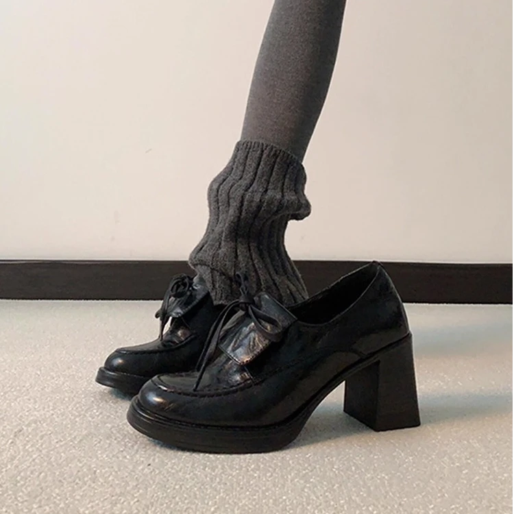 厚底增高单鞋蝴蝶结一脚蹬乐福鞋女英伦百搭小皮鞋休闲时尚复古