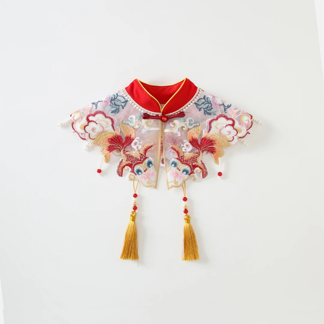 手工刺绣云肩洋气中国风中式红色拜年服女童大鱼海棠