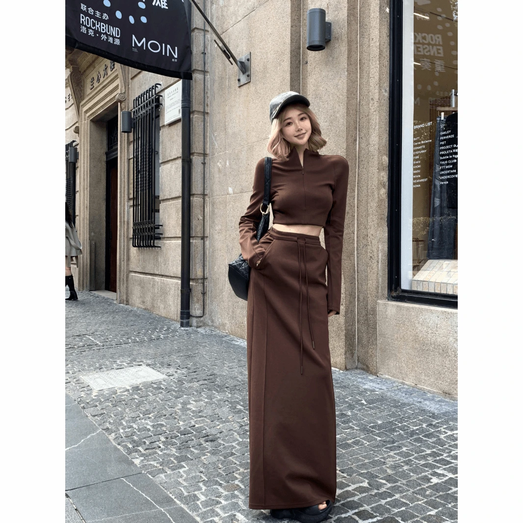 半高领长袖显瘦廓形短款卫衣弹力上衣开叉中长直筒半身裙秋季女