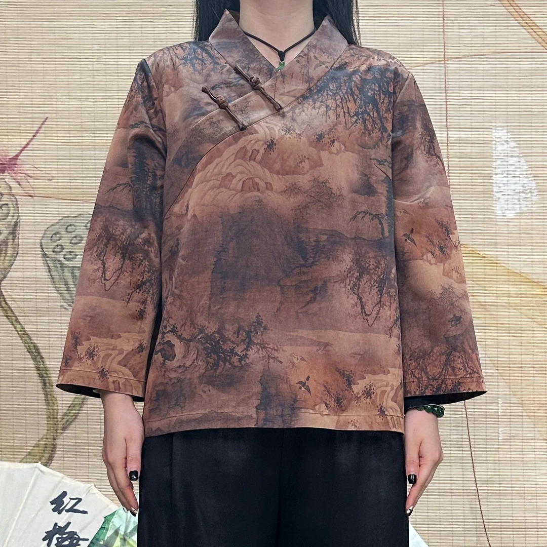 60姆米重缎水墨山水图汉服领小上衣100桑蚕丝香云纱新中式