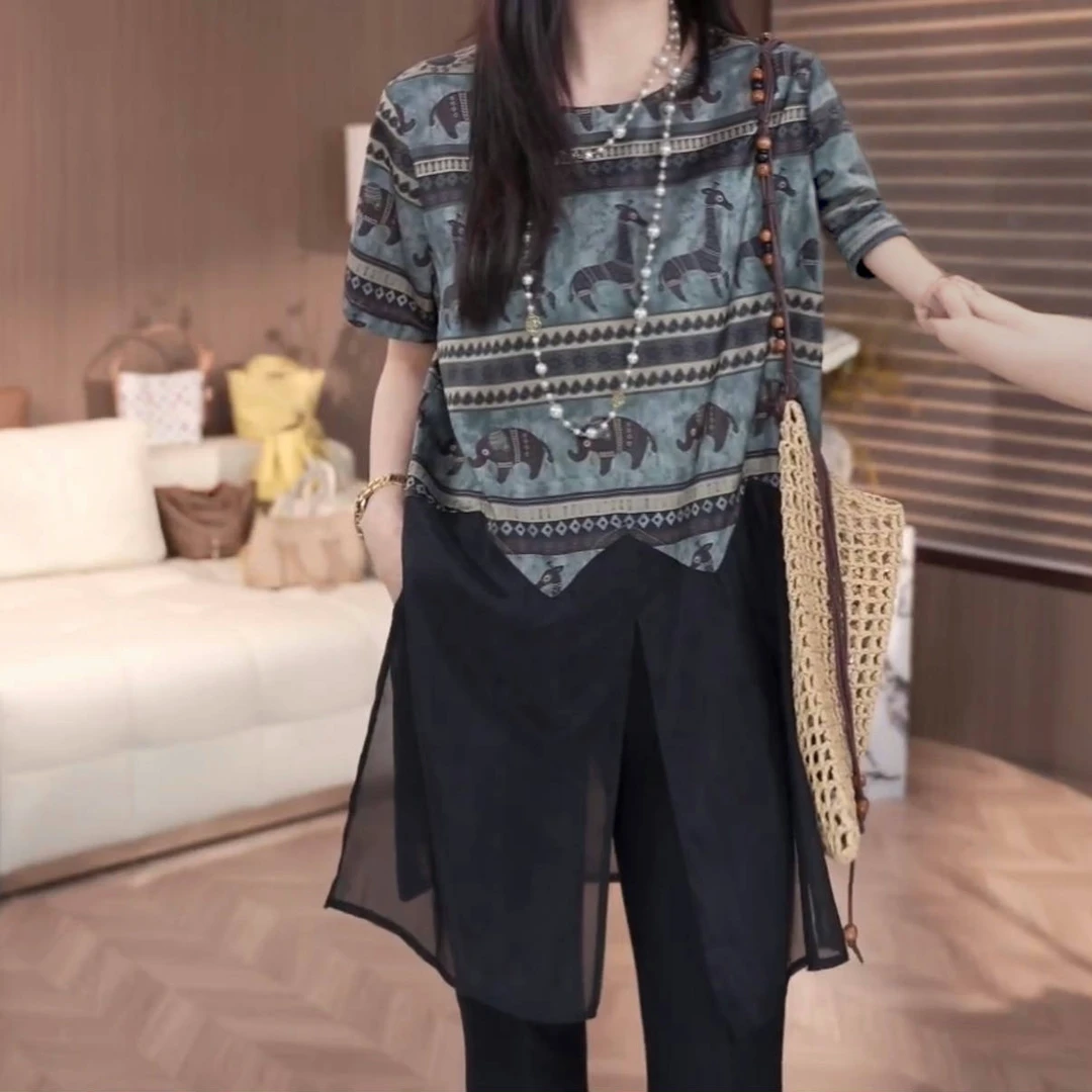 时尚印花休闲显瘦拼接短袖衬衫女2025夏季宽松百搭气质减龄上衣