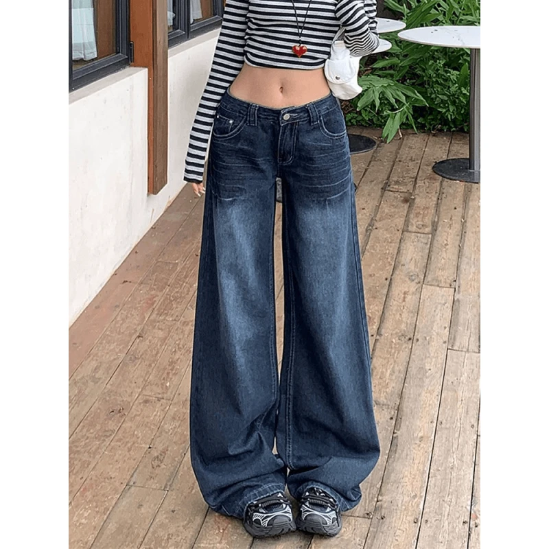 复古蓝灰色阔腿牛仔裤女秋季新款显瘦辣妹猫须纹宽松低腰直筒长裤