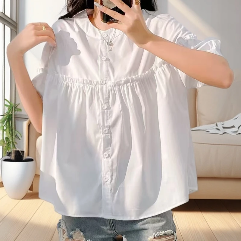 7595宽松荷叶边短袖立领衬衫女夏季遮肚衬衣气质小衫