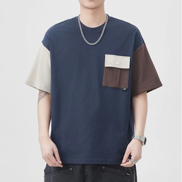 2025年美式复古重磅新疆棉平纹布撞色设计威化布装饰口袋短袖