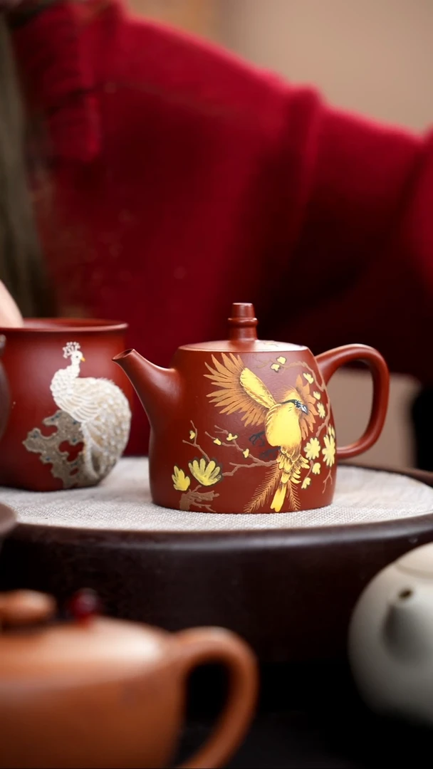【闪购商品】紫砂茶壶朱泥汉铎泥绘金鸟+孔雀杯015