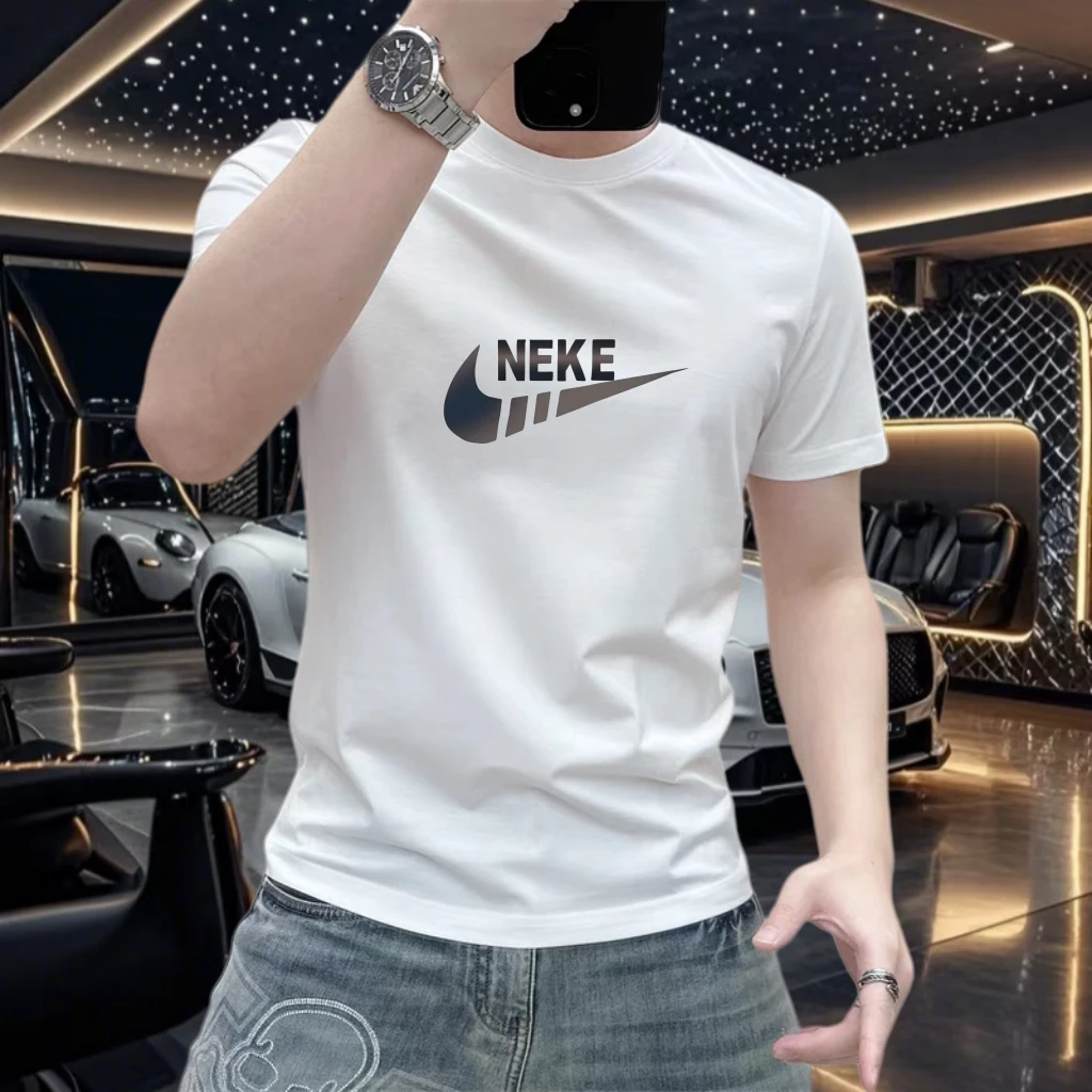 2025夏季新款字母印花短袖男士冰丝修身上衣圆领百搭潮牌半袖t恤