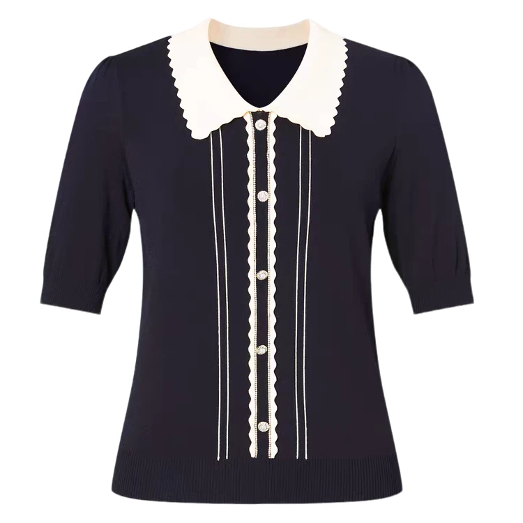 【珂】早秋时尚优雅百搭修身翻领拼接V领短袖针织衫-KZ0293