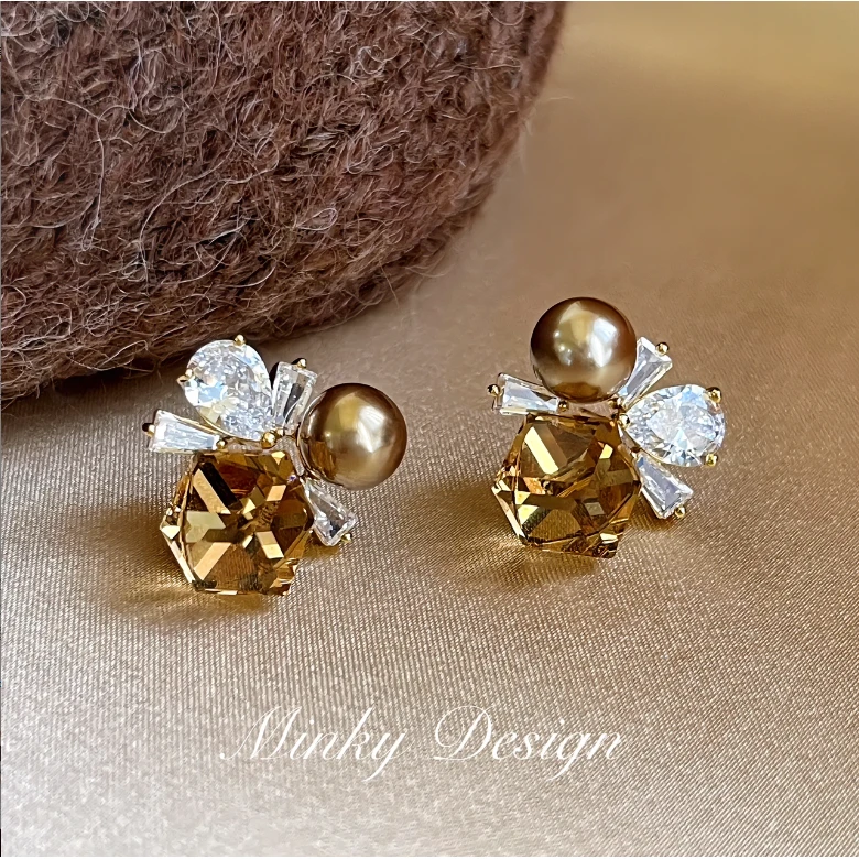 铜合金耳饰 「花火流光」方糖珍珠耳钉蚊香盘耳夹无耳洞耳钉耳环