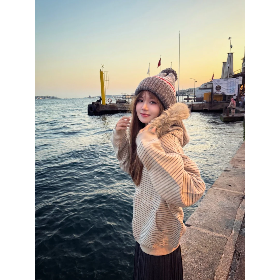 美式复古条纹毛领卫衣外套女秋冬季休闲宽松显瘦连帽开衫上衣D751