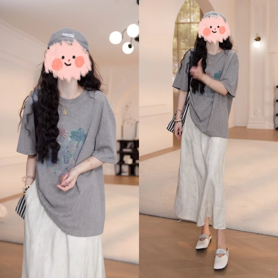 网红时尚炸街新款套装女装夏季灰色短袖t恤中长裙半身裙两件套