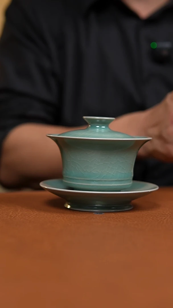 瓷片仿古翡翠绿纯手工三才马蹄盖碗一级