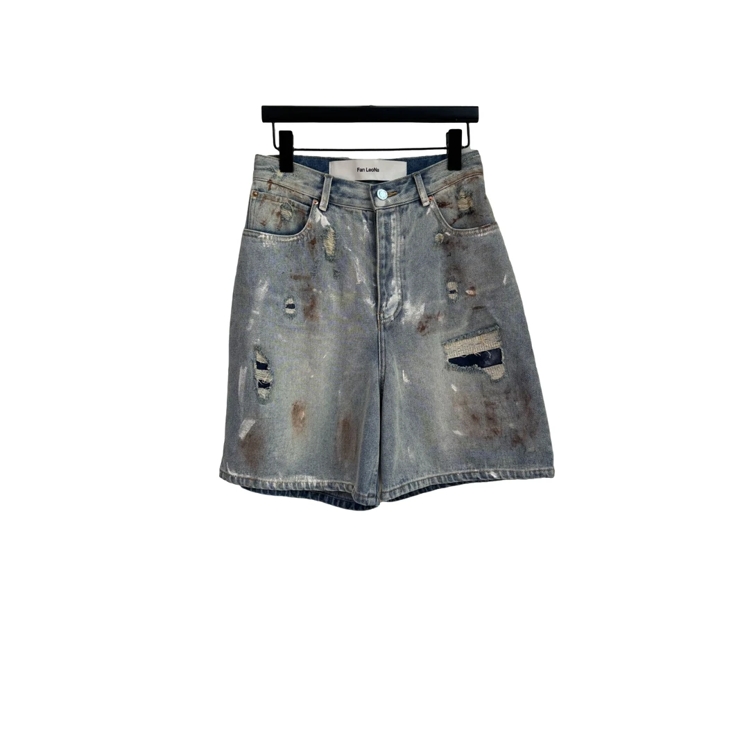 南油小众设计师新品脏脏牛仔短裤