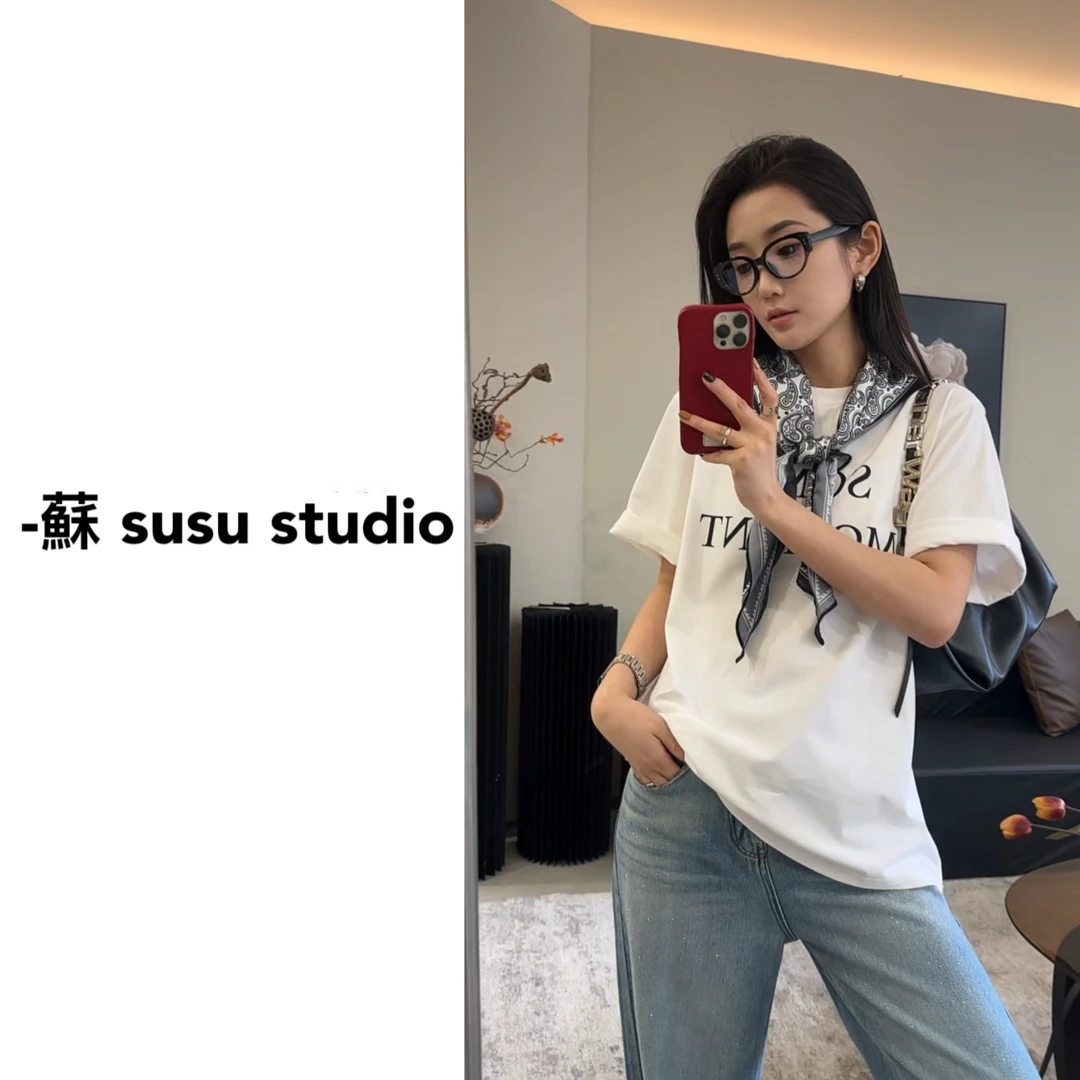 春夏新款韩版宽松百搭简约字母印花短袖T恤女配丝巾上衣T25032