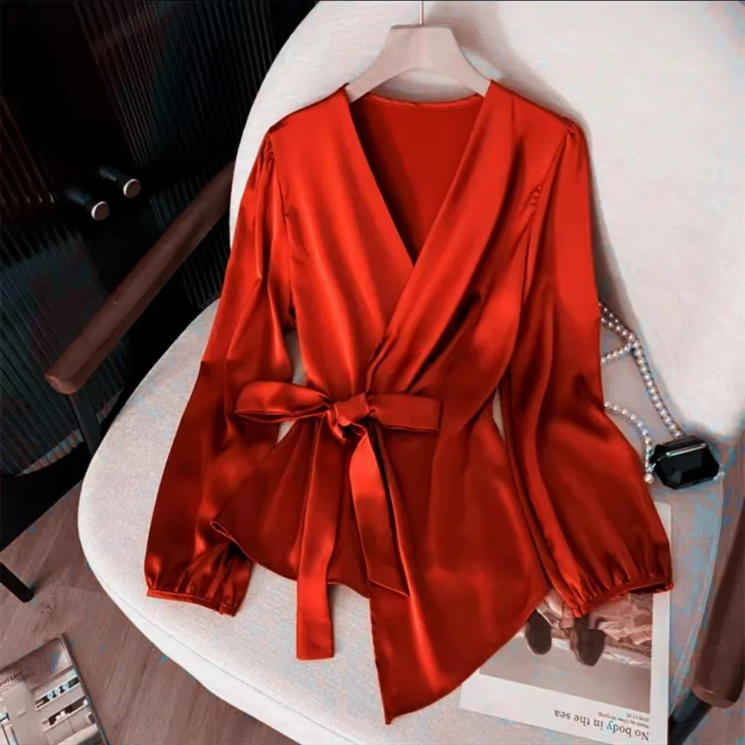 御姐风缎面绑带七分袖衬衣衬衫显瘦气质长袖洋气时尚收腰系带909