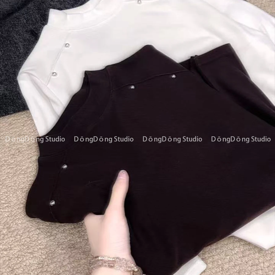 降温必备！【钉珠慕斯绒】立领套头纯色长袖T恤修身显瘦打底衫5322