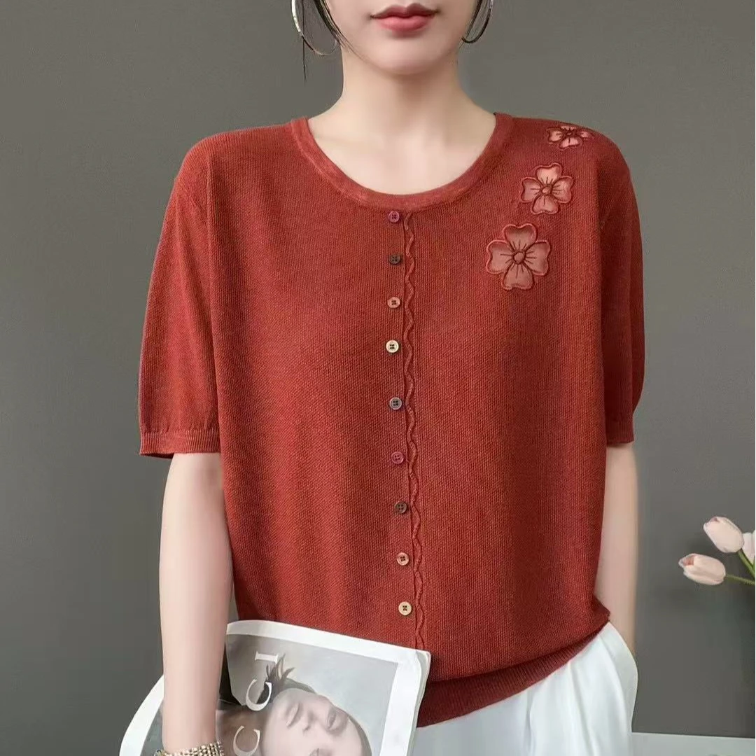 2025夏季新款竹节麻针织衫体恤妈妈装套头宽松大码立体花短袖上衣