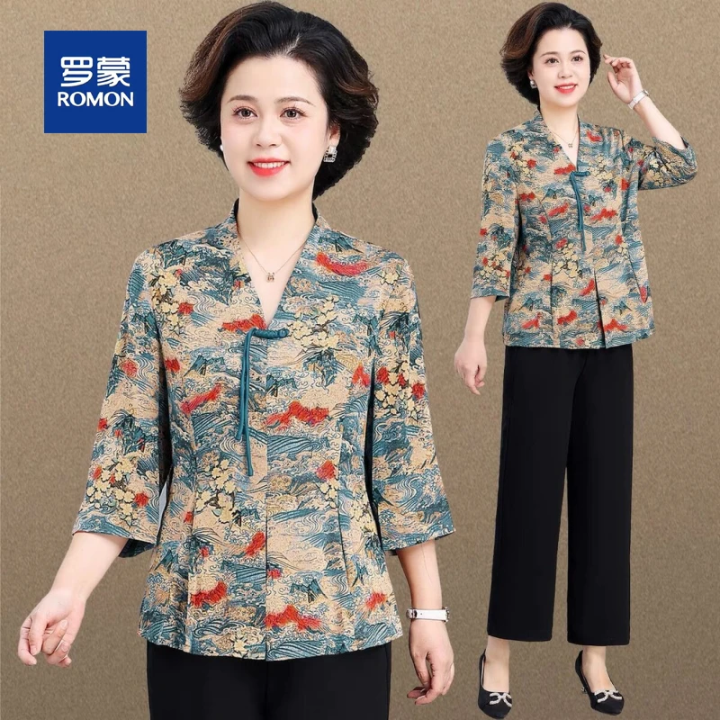 罗蒙新中式国风洋气妈妈套装女新款中老年人女装春夏碎花雪纺衫女