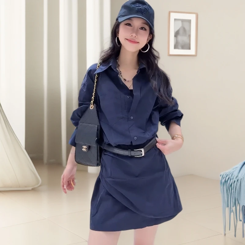 气质上衣套装新款小香风老钱风显瘦洋气长袖衬衫高腰蓝色女装秋季