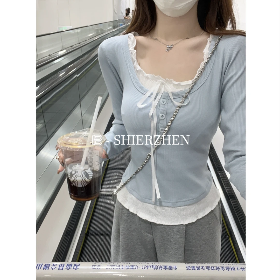 十二针韩系早秋撞色拼接纯欲甜美假两件设计感长袖内搭T恤上衣女