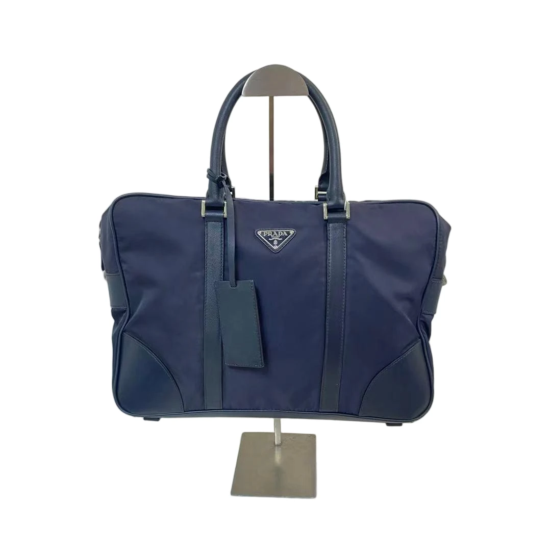 95新 Prada/普拉达 藏蓝色尼龙拼皮手提公文包Y-50561深蓝色经典