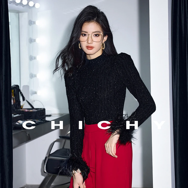 CHICHY长袖修身毛针织衫女黑色半高领上衣CW0D020244