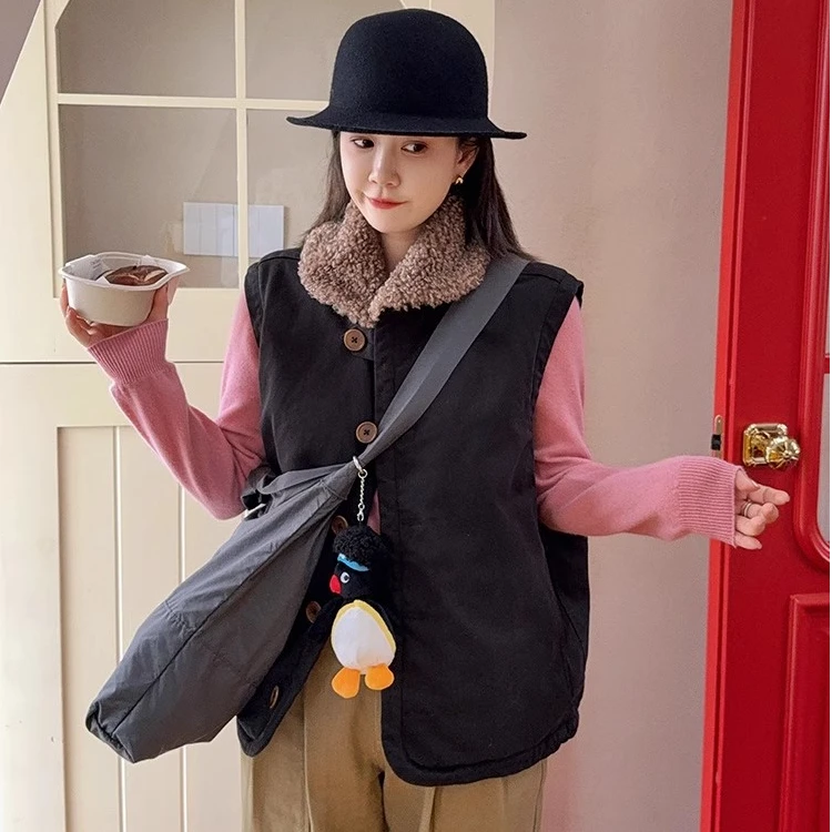 莉贝琳sisy黑色棉衣马甲毛领防风耐磨仿羊羔绒外套女S24411WC02