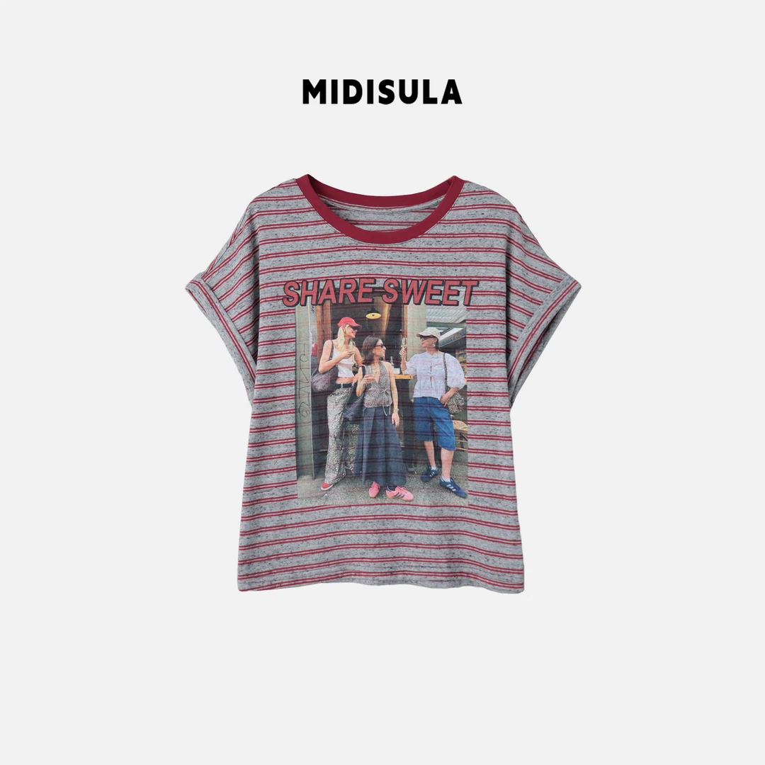 MDSL·夏季新款时尚百搭圆领字母印SH花条纹短袖T恤#0977