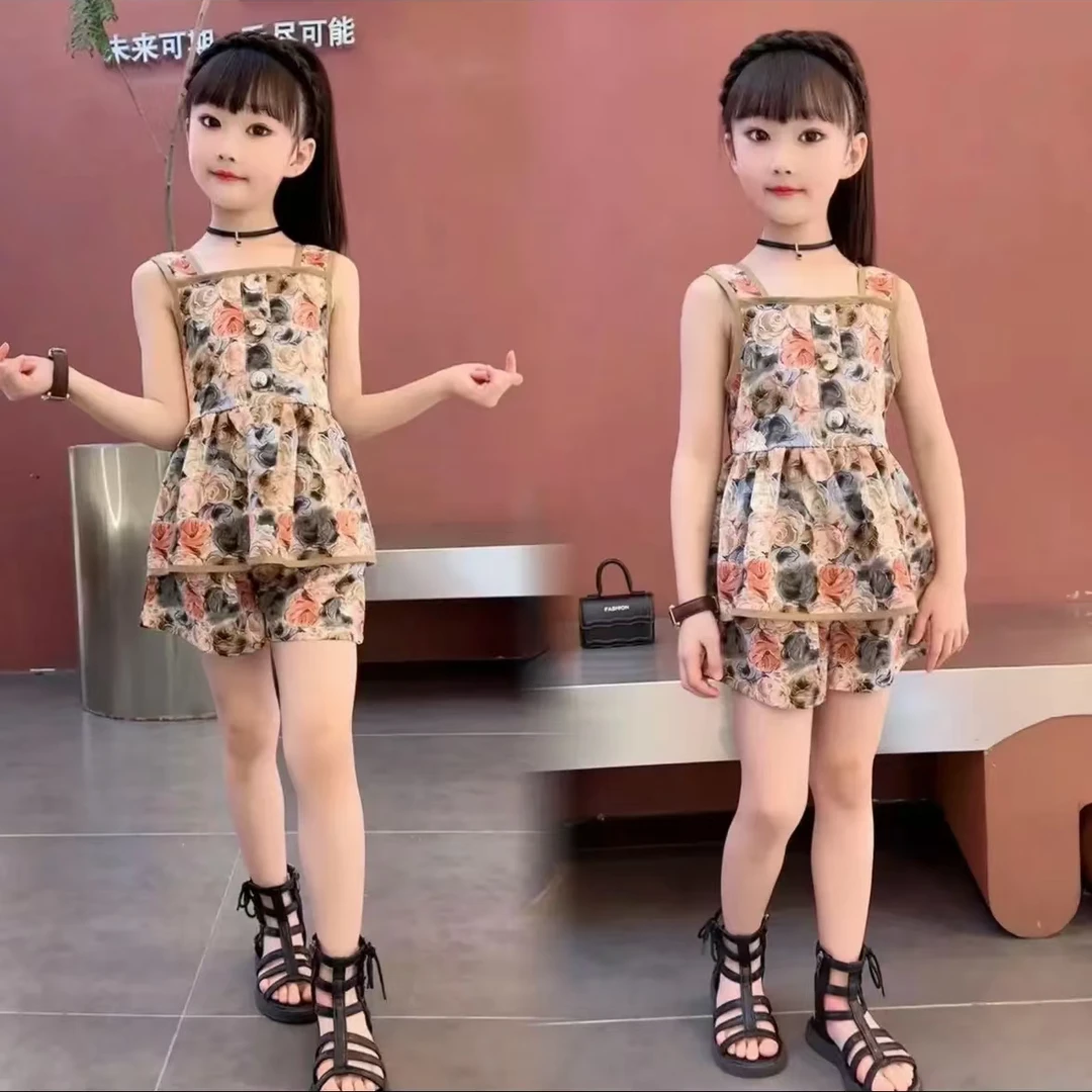 女童2025夏季时尚复古无袖洋气短裤小童甜美洋气套装女童夏装套装