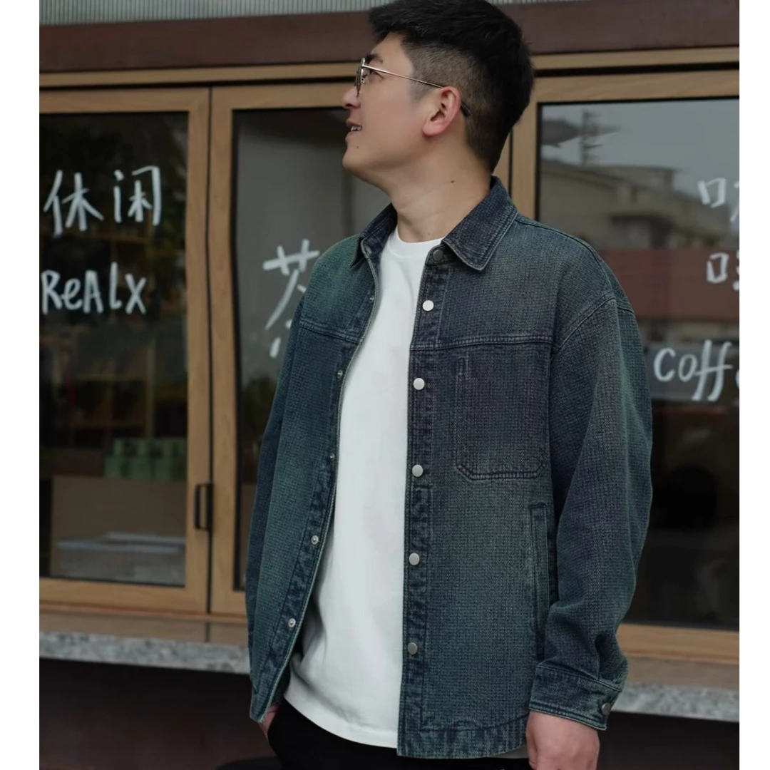男士休闲重磅水洗牛仔夹克复古做旧宽松版衬衫式外套春秋翻领