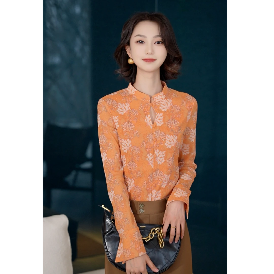 GIRDEAR哥弟 橙花点缀｜优雅复古旗袍领提花网纱衬衫1301057