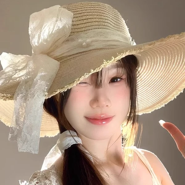 草帽户外帽子2025新款大帽檐百搭夏季网红帽洋气防晒夏天蕾丝