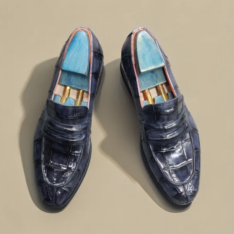 原版制作固特异擦色尼罗河鳄鱼皮男士百搭休闲皮鞋乐福鞋