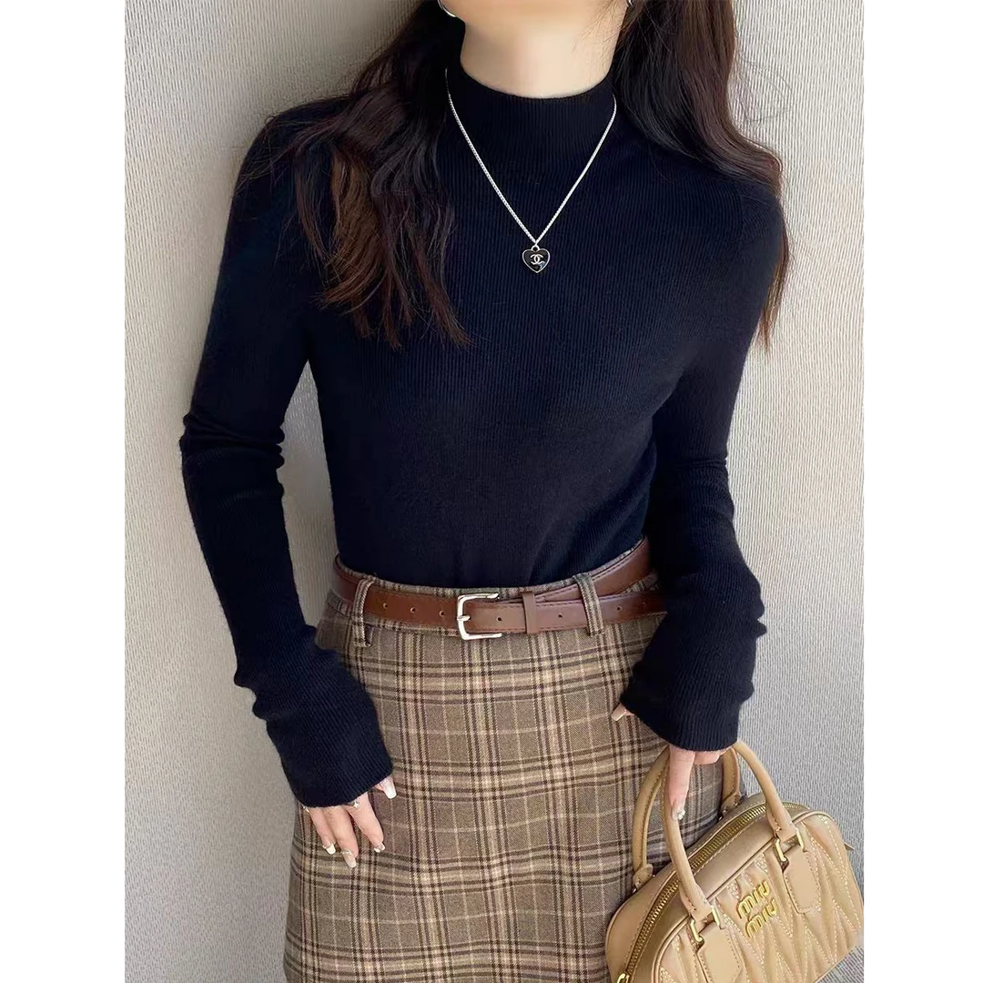 半高领针织短袖T恤女2025秋季新款修身显瘦长袖内搭打底衫上衣