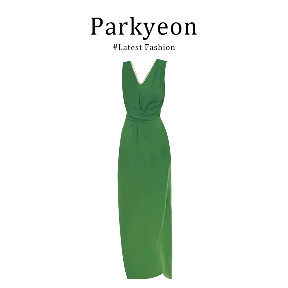 2025夏季新款韩系气质绑带设计水钻修身显瘦V领连衣裙长款长裙子